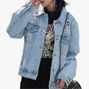 Women's Light Blue Oversized Distressed Denim Jacket